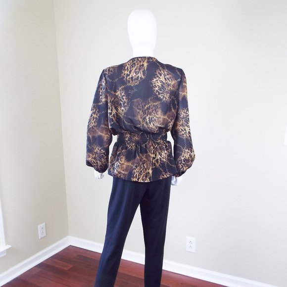 MISS TINA BLACK AND BROWN ANIMAL PRINT RUFFLE FRONT LONG SLEEVE BLOUSE - SZ 8/10 - Picture 4 of 5